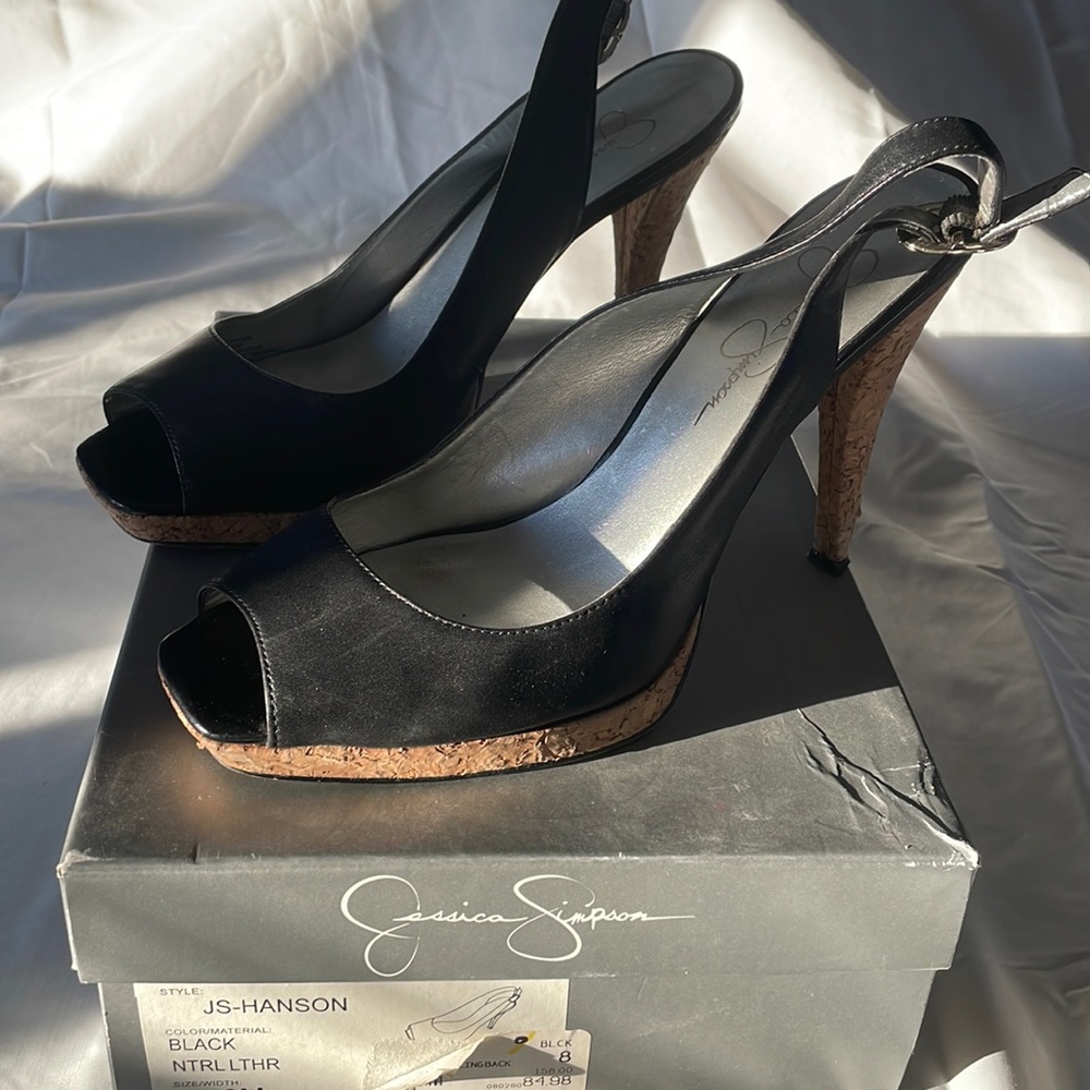 Jessica Simpson Hanson Black Leather And Cork Heels